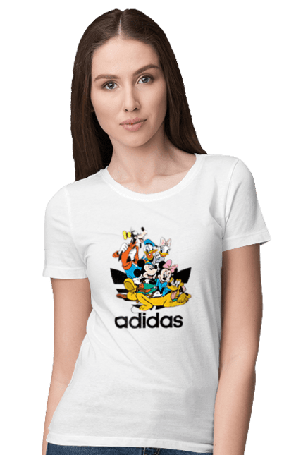 Футболка жіноча з принтом "Adidas Міккі Маус". Adidas, mickey mouse, адідас, дісней, міккі, міккі маус, мультфільм. 2070702