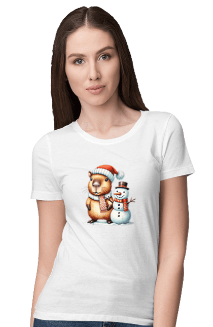 Women's t-shirt with prints Capybara and Snowman. Animal, capybara, christmas, christmas capybara, gift, holiday, new year, new year`s gift, santa, snowman. 2070702