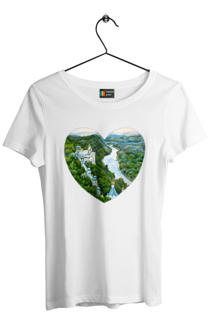 Футболка женская с принтом Святогорская лавра. Донецкая область, лес, монастырь, пейзаж, река, святогорск, украина, церковь. 2070702