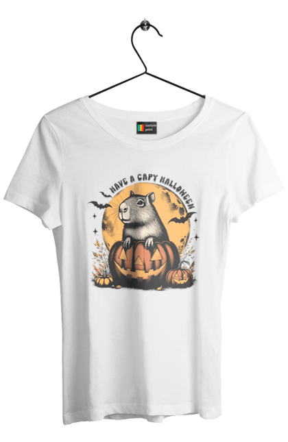 Футболка женская с принтом Капибара Хэллоуин. Capybara, halloween, водосвинка, грызун, животное, капибара, луна, праздник, тыква, хэллоуин. 2070702