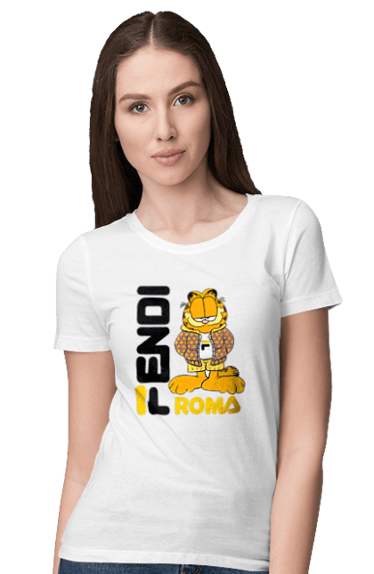 Футболка женская с принтом Fendi Гарфилд. Fendi, garfield, бренд, гарфилд, дом моды, италия, люкс, мода, сумка, фенди. 2070702