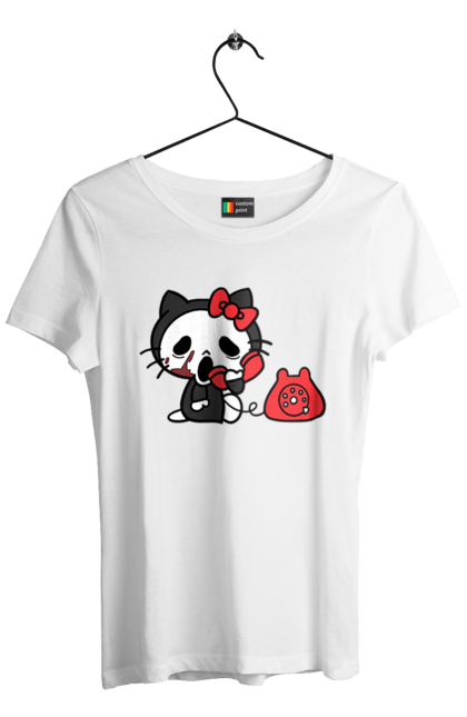 Футболка женская с принтом Хелло Китти Хэллоуин. Halloween, hello kitty, бренд, кот, котенок, персонаж, хелло китти, хэллоуин. 2070702