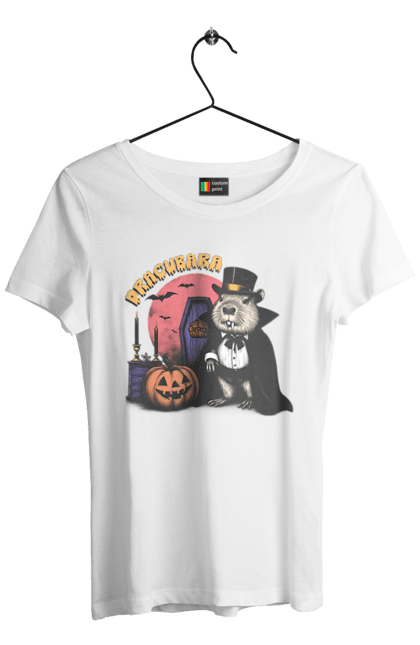 Women's t-shirt with prints Capybara Halloween. Animal, capybara, ghost, halloween, holiday, moon, pumpkin, rodent, vampire. 2070702