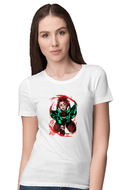 Women's t-shirt with prints Demon Slayer Tanjiro. Anime, demon slayer, kamado tanjiro, manga, tanjiro. 2070702