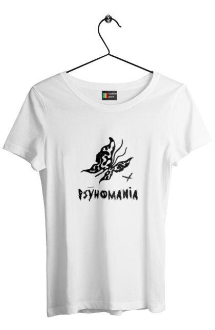 Футболка жіноча з принтом "Psyhomania Black". Psyho, готика, гранж, графіті, малюнок, метелик, психо, рок, хіпі. CustomPrint.market