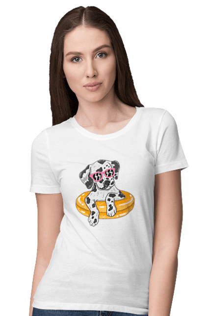 Women`s t-shirt with prints Dalmatian Swims In A Circle. Dalmatian, dog, glasses, to swim. 2070702