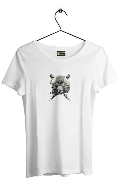 Футболка жіноча з принтом "Череп пілота". Військовий, захисник, ніж, пілот, череп, шолом. 2070702
