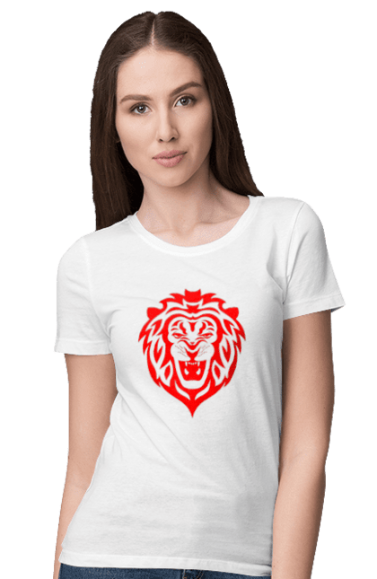 Футболка жіноча з принтом "Лев". Великий кіт, голова, дика природа, звір, знак зодіаку, зодіак, лев, м`ясоїдний, морда, природа, стилізація, стилізований, стиль, тварина, хижак. ART принт на футболках