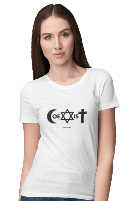 Футболка жіноча з принтом "Coexist". Coexist, іслам, іудаїзм, міжрелігійний діалог, релігія, рівність, символи віри, толерантність, християнство. 2070702