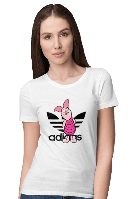 Футболка женская с принтом Adidas Пятачок. Adidas, piglet, адидас, винни-пух, мультфильм, пятачок. 2070702