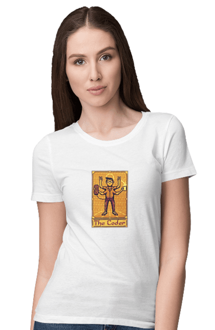 Футболка жіноча з принтом "Карта таро  кодер". Ай ті, айтішник, карта таро, код, програміст, хакер. 2070702