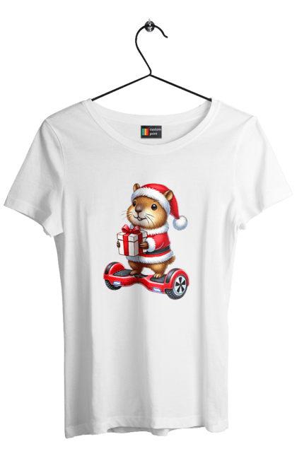 Women's t-shirt with prints Christmas Capybara with a Gift. Animal, capybara, christmas, christmas capybara, gift, holiday, new year, new year`s gift, santa. 2070702