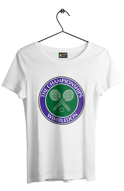Футболка жіноча з принтом "Wimbledon тенісний турнір". Великий теніс, велокобритання, гравці, лондон, м`яч, призовий фонд, ракетка, спонсор, турнір на траві, турнірна сітка. futbolka.stylus.ua