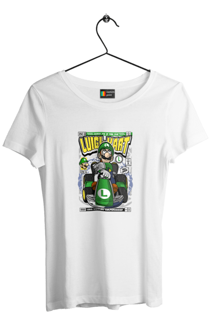Футболка жіноча з принтом "Luigi Karting". Nintendo, playstaion, автомобіль, гра, зелений маріо, луїджі, маріо. Funkotee