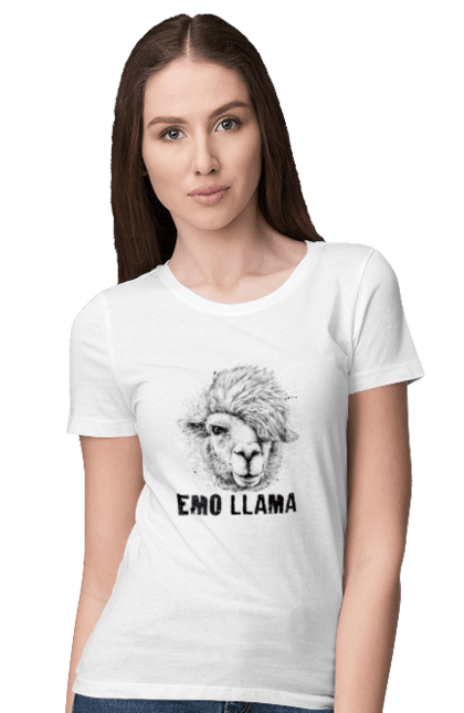 Women's t-shirt with prints Emo Llama. Alpaca, animals, distressed, emo, funny, llama, vintage. 2070702