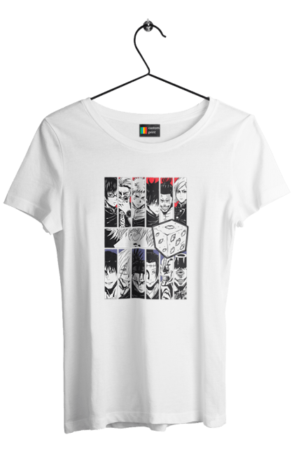 Women's t-shirt with prints Jujutsu Kaisen. Anime, dark fantasy, gojo, jujutsu kaisen, magic battle, manga, mystic. 2070702