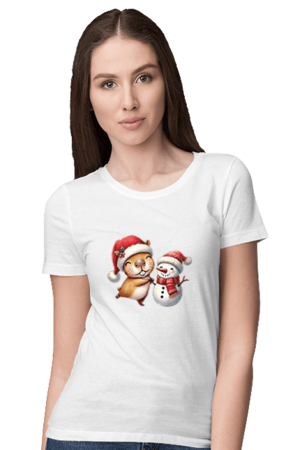 Women's t-shirt with prints Capybara and Snowman. Animal, capybara, christmas, christmas capybara, gift, holiday, new year, new year`s gift, santa, snowman. 2070702