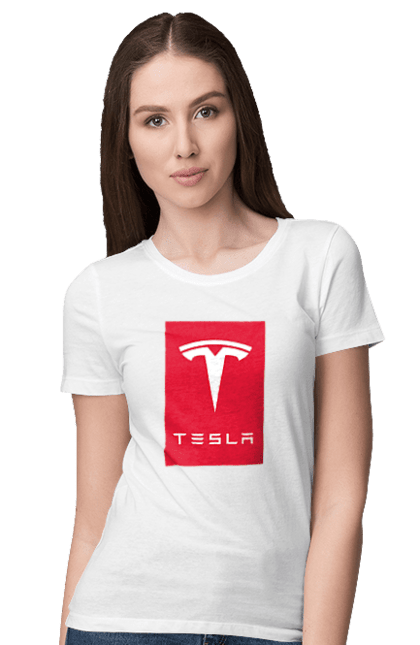 Футболка жіноча з принтом "Tesla". Авто, бренд, ілон маск, логотип, тесла. CustomPrint.market