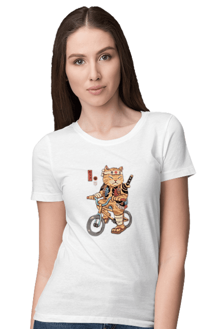 Футболка жіноча з принтом "Кіт на велосипеді". Велосипед, кинжал, китайський кіт, кіт, самурай, шабля, японський кіт. CustomPrint.market