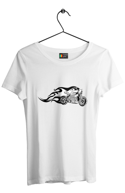 Футболка жіноча з принтом "Мотоцикл Вогонь". Мото, мотоцикл, огонь. 2070702