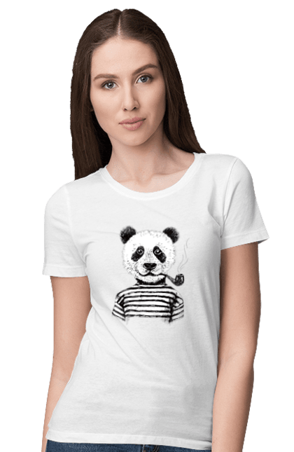 Women's t-shirt with prints Panda In Sailor Smoking A Pipe. Panda, sailor, smoke, tube. CustomPrint.market