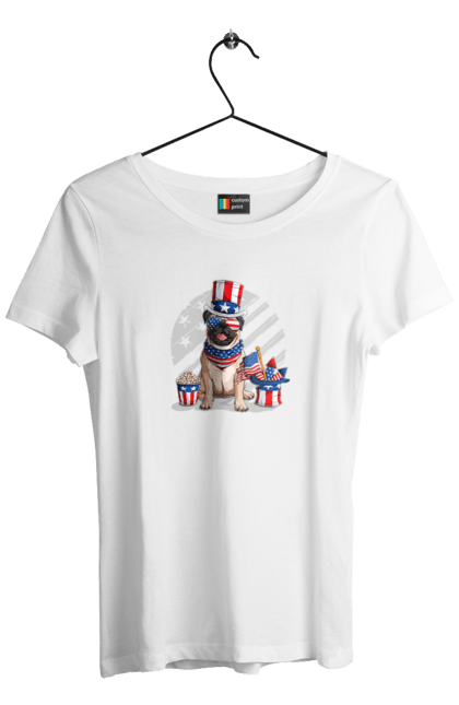 Футболка жіноча з принтом "Мопс Америка". Beige pug, mops, америка, американський прапор, мопс, пес, собака. CustomPrint.market