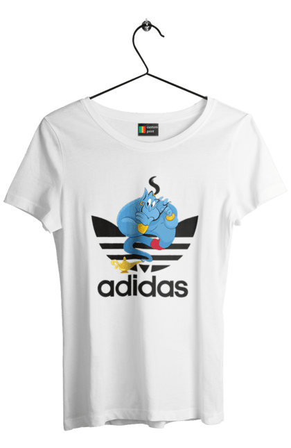 Футболка женская с принтом Adidas Джинни. Adidas, aladdin, genie, адидас, аладдин, джинни, мультфильм, персонаж. 2070702