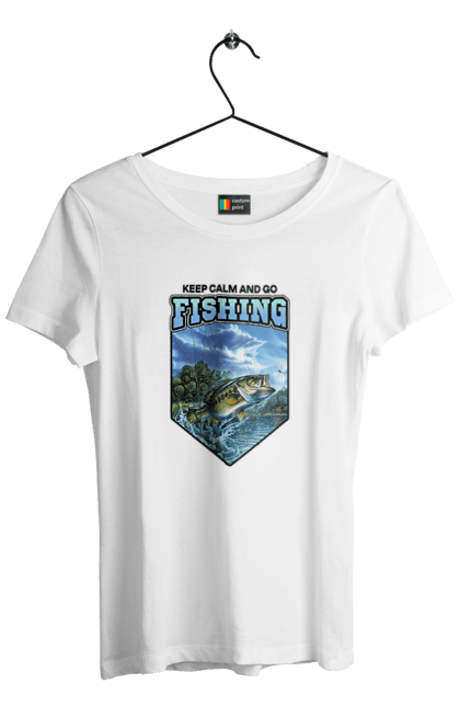 Футболка жіноча з принтом "Keep Calm and Go Fishing". Відпочинок на природі, для рибалок, для чоловіків, мисливці та риболови, природа, рибалка, риболовля, спінінг, хоббі. 2070702