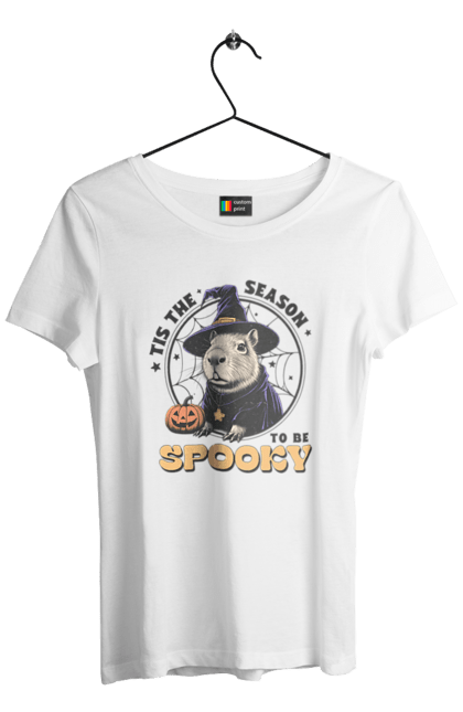 Футболка жіноча з принтом "Капібара Хелловін". Capybara, halloween, відьма, водосвинка, гарбуз, гризун, капібара, свято, тварина, хелловін. 2070702