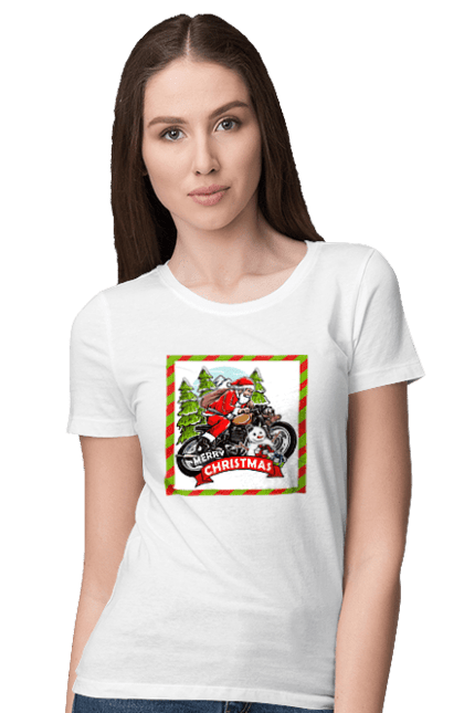 Футболка жіноча з принтом "Санта на мотоциклі". Мотоцикл, новий рік, подарунки, різдво, санта, сніговик, ялинка. 2070702