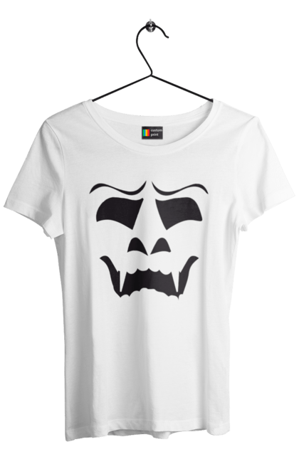 Women's t-shirt with prints Halloween pumpkin face. Costume, halloween, holiday, october, october 31, pumpkin, scary, sweets, trick or treat. 2070702