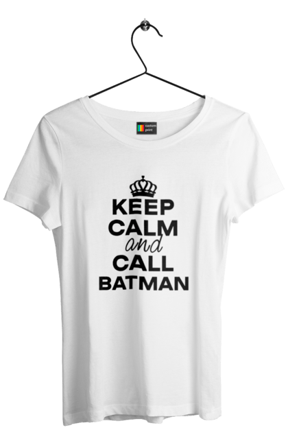 Футболка жіноча з принтом "Keep Calm and Call Batman чорна". Бетмен, з написами, зберігай спокій, меми, популярні, прикольні. 2070702