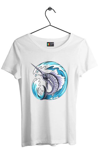 Футболка женская с принтом Рыба Меч И Волна. Волна, рыба-меч. 2070702