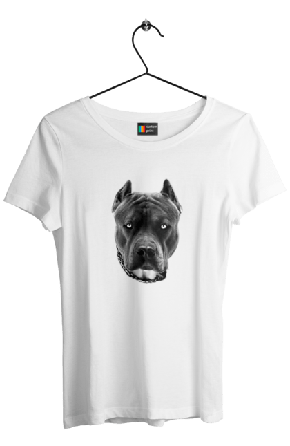 Women's t-shirt with prints Sub bull terrier. Chain, dog, fighter, head, sub-bull terrier. CustomPrint.market
