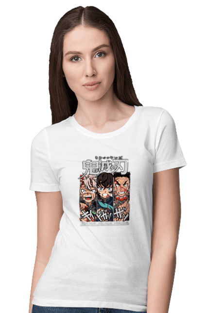 Women's t-shirt with prints Demon Slayer Sanemi Muichiro Gyomei. Anime, demon slayer, gyomei, himejima, kimetsu no yaiba, manga, muichiro, sanemi. 2070702