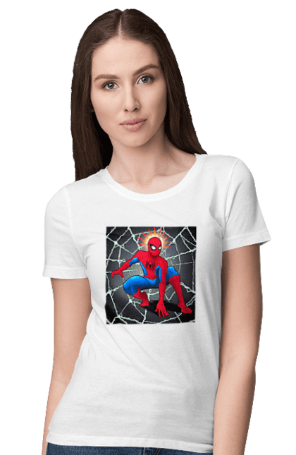 Футболка жіноча з принтом "Людина павук в павутинні". Герой, людина павук, марвел, павук, павутина, рятувальник, спайдермен. CustomPrint.market