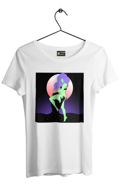 Футболка жіноча з принтом "Зелена Дівчина І Місяць". Інопланетянка, місяць. 2070702