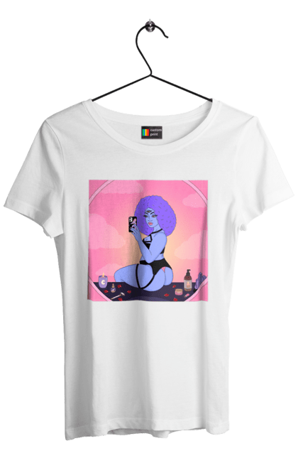 Футболка жіноча з принтом "Фіолетова Дівчина Фото У Дзеркалі". Білизна, дзеркало, фото. 2070702