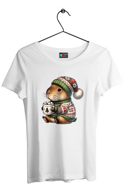 Women's t-shirt with prints Capybara with hot chocolate. Animal, capybara, christmas, christmas capybara, gift, holiday, hot chocolate, new year, santa. 2070702