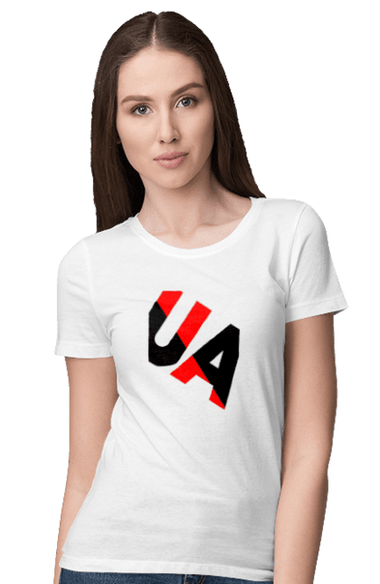 Women's t-shirt with prints Ukraine. Abbreviation of ukraine, emblem, home, logotype, mama, text, ukraine. CustomPrint.market
