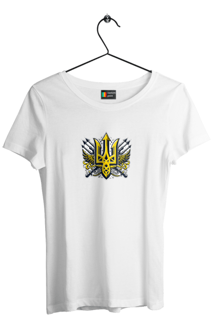 Футболка жіноча з принтом "Символіка україни". Герб, патріотичні зображення, символіка, тризуб, україна. 2070702