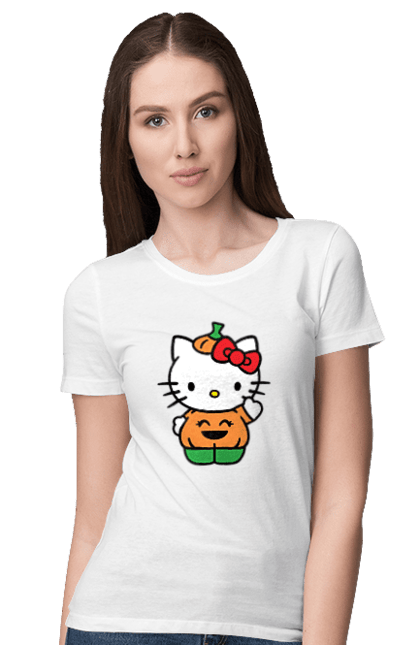 Women's t-shirt with prints Hello Kitty Halloween. Brand, character, halloween, hello kitty, kitten, kitty, pumpkin. 2070702