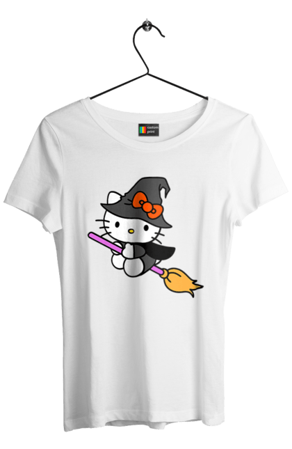 Women's t-shirt with prints Hello Kitty Halloween. Brand, cat, character, halloween, hello kitty, kitten, kitty, witch. 2070702