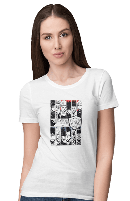 Women's t-shirt with prints Jujutsu Kaisen. Anime, dark fantasy, gojo, jujutsu kaisen, magic battle, manga, mystic. 2070702