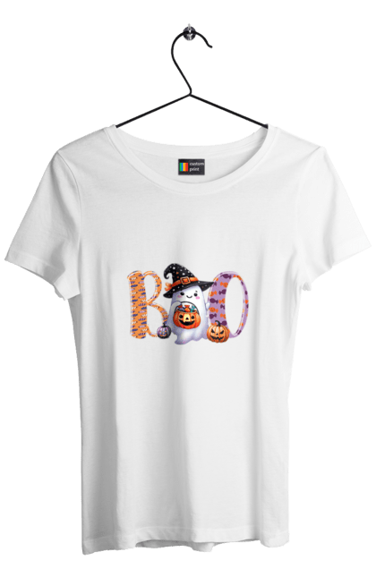 Women's t-shirt with prints Halloween Ghost. Costume, ghost, halloween, holiday, october, october 31, scary, sweets, trick or treat. 2070702