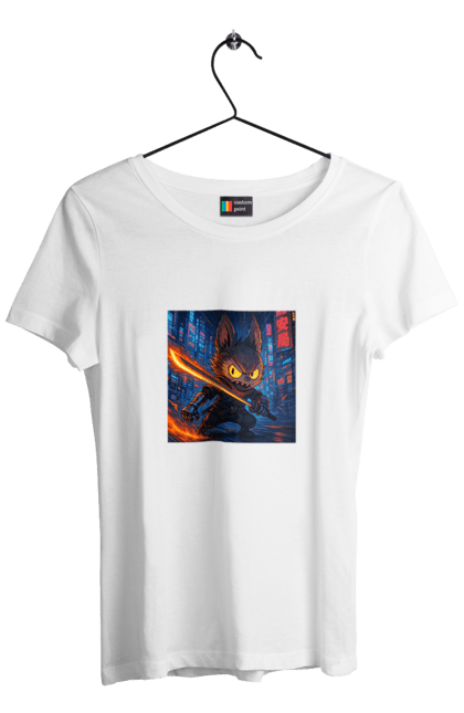 Футболка жіноча з принтом "Лабубу". Аніместиль, дія, катана, кіберніндзя, кіберпанк, лабубу, меч, неонове місто, очі` що світяться. 2070702