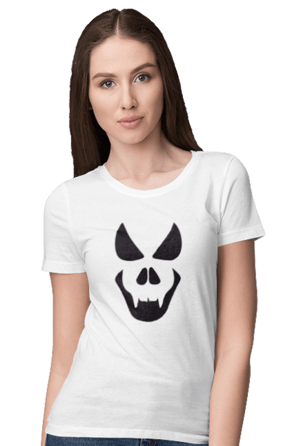 Women's t-shirt with prints Halloween pumpkin face. Costume, halloween, holiday, october, october 31, pumpkin, scary, sweets, trick or treat. 2070702