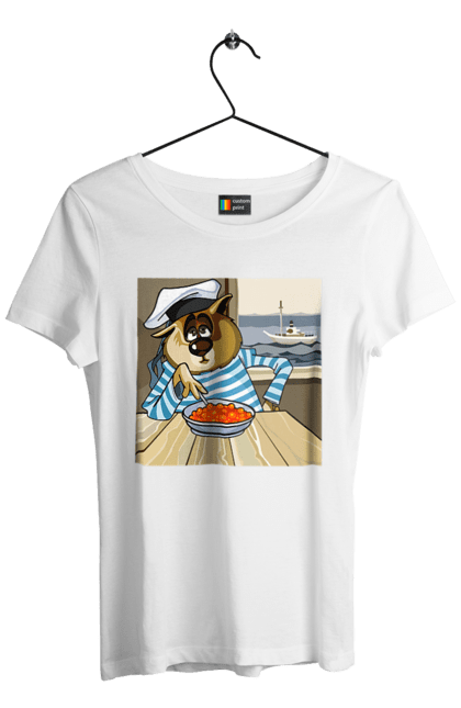Футболка жіноча з принтом "Кот Моряк, На Кораблі Їсть Червону Ікру". Ікра, кіт, корабель, моряк. 2070702