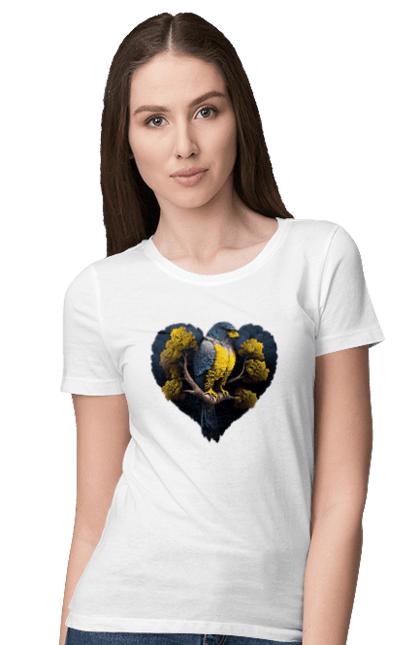 Women`s t-shirt with prints Blue and yellow falcon. Falcon, flag of ukraine, heart, symbol of ukraine, tree, ukraine. 2070702