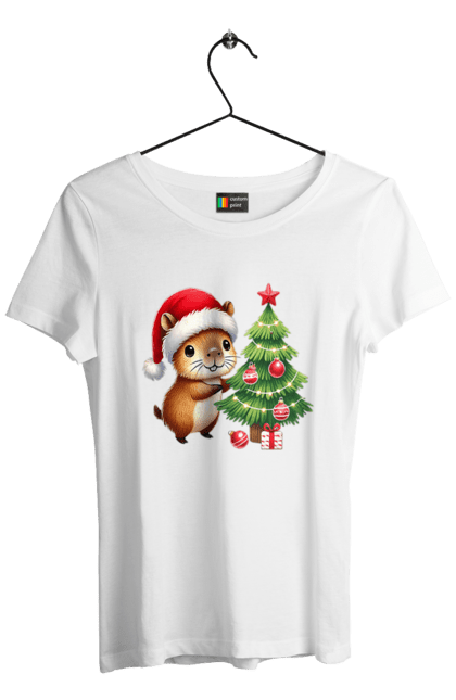 Women's t-shirt with prints Christmas Capybara with a Tree. Animal, capybara, christmas, christmas capybara, christmas tree, gift, holiday, new year, new year`s gift, santa. 2070702